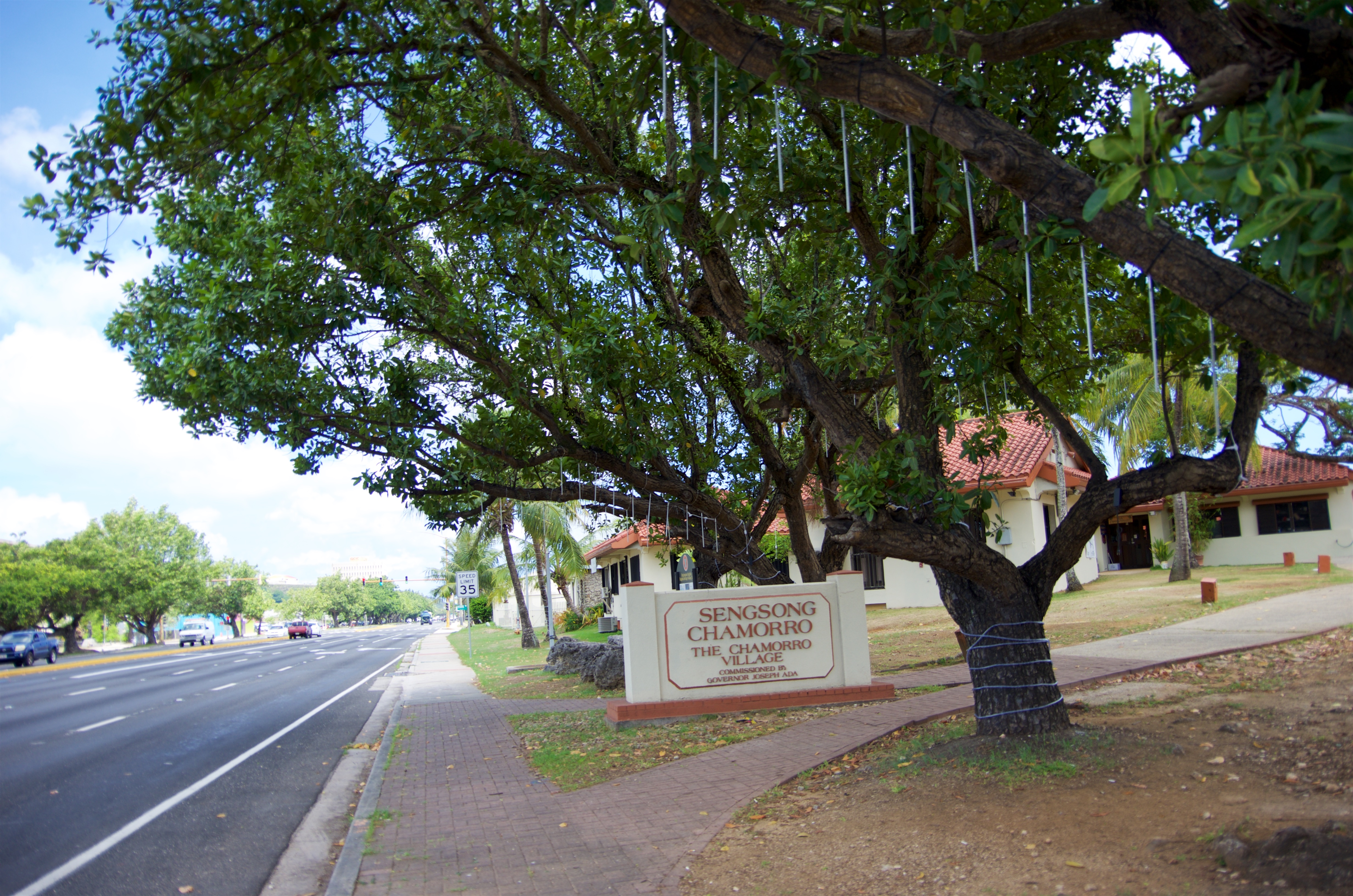 The Chamorro Village welcome sign in Hagåtña, Guam