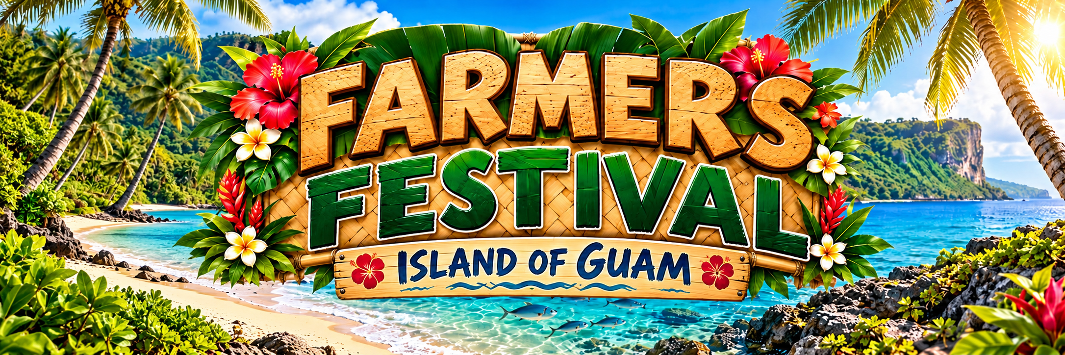 Farmers Festival — Island of Guam, surrounded by tropical flowers, palms, and coastline
